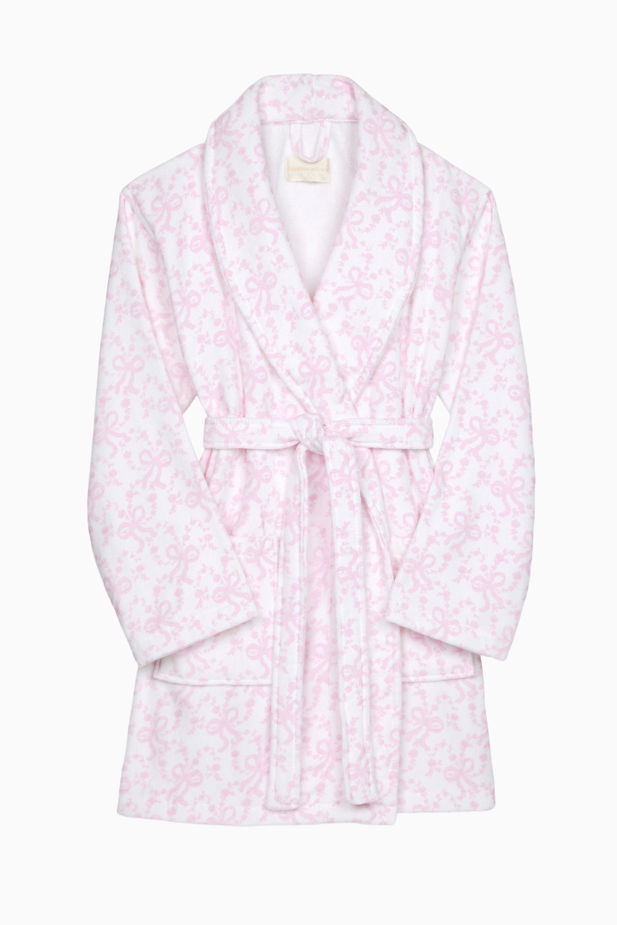 Light pink cotton bath robe flat lay, hooded robe with subtle bow print