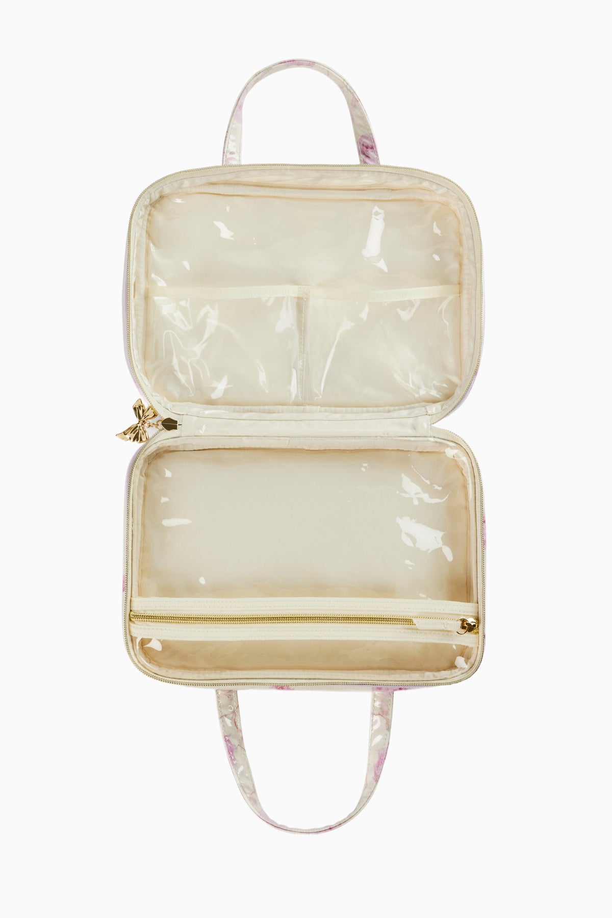 Gold glossy travel box with top handle, open two-compartment interior