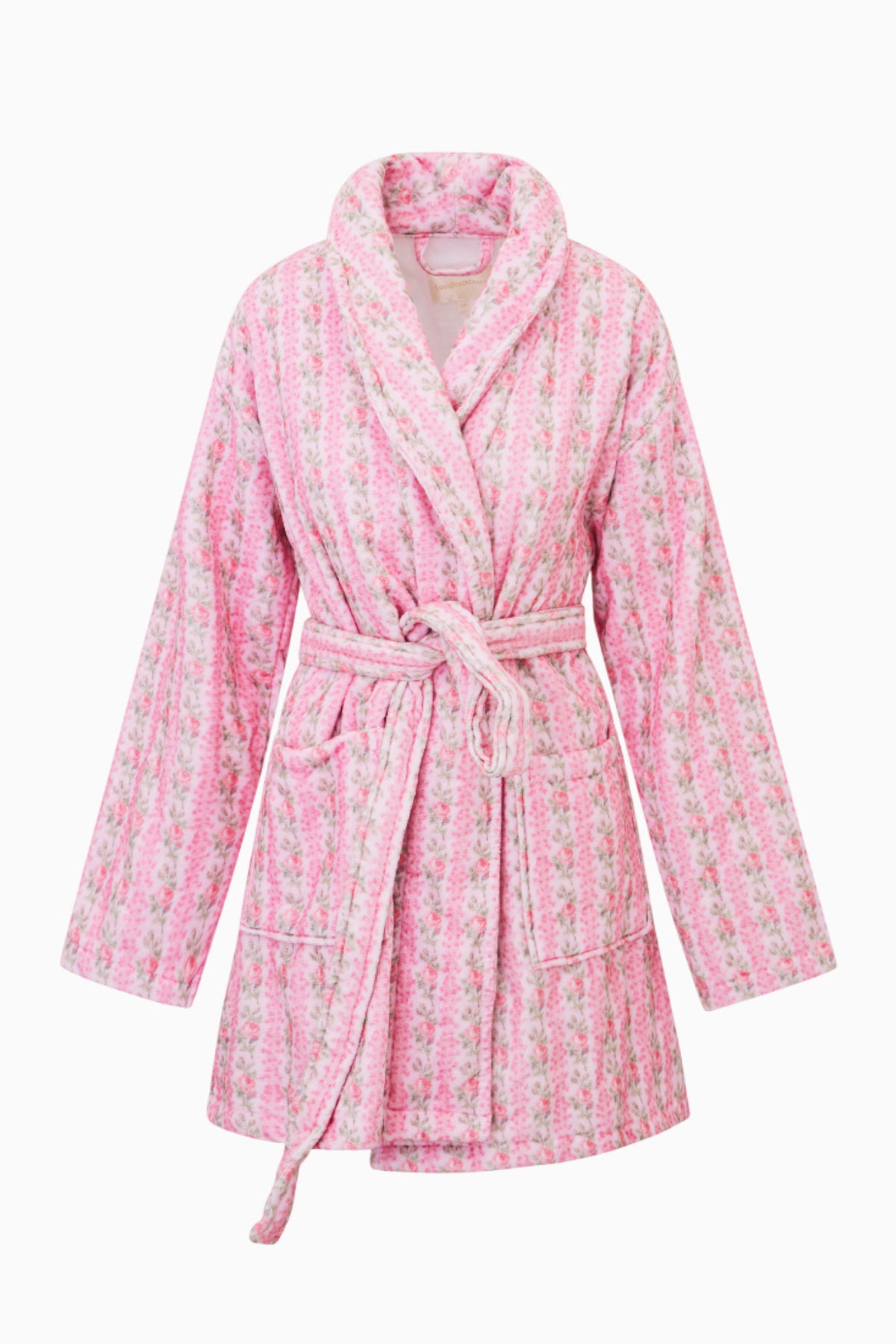 Pink cotton bath robe with hood, tie belt, long sleeves and allover floral print
