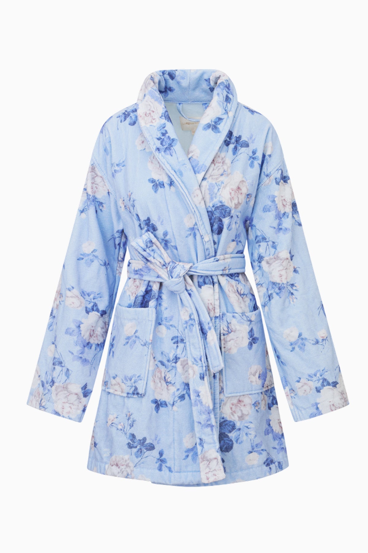 Blue cotton bath robe with hood, tie belt, long sleeves and allover floral print
