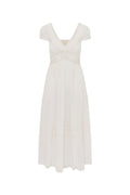 White midi dress with V-neck, short puff sleeves, and vertical embroidered paneling