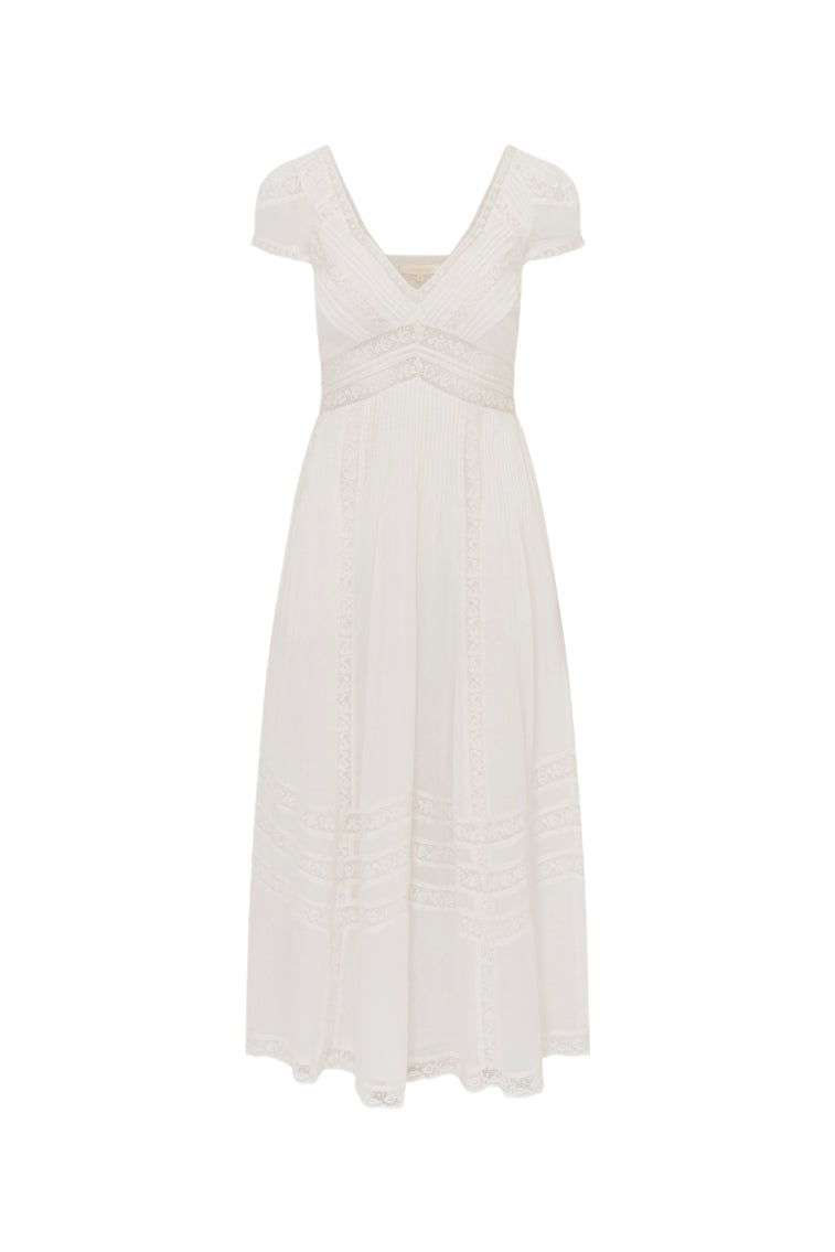 White midi dress with V-neck, short puff sleeves, and vertical embroidered paneling