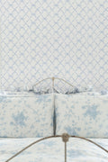 Blue ribbon bow trellis wallpaper pattern with repeating lattice design.
