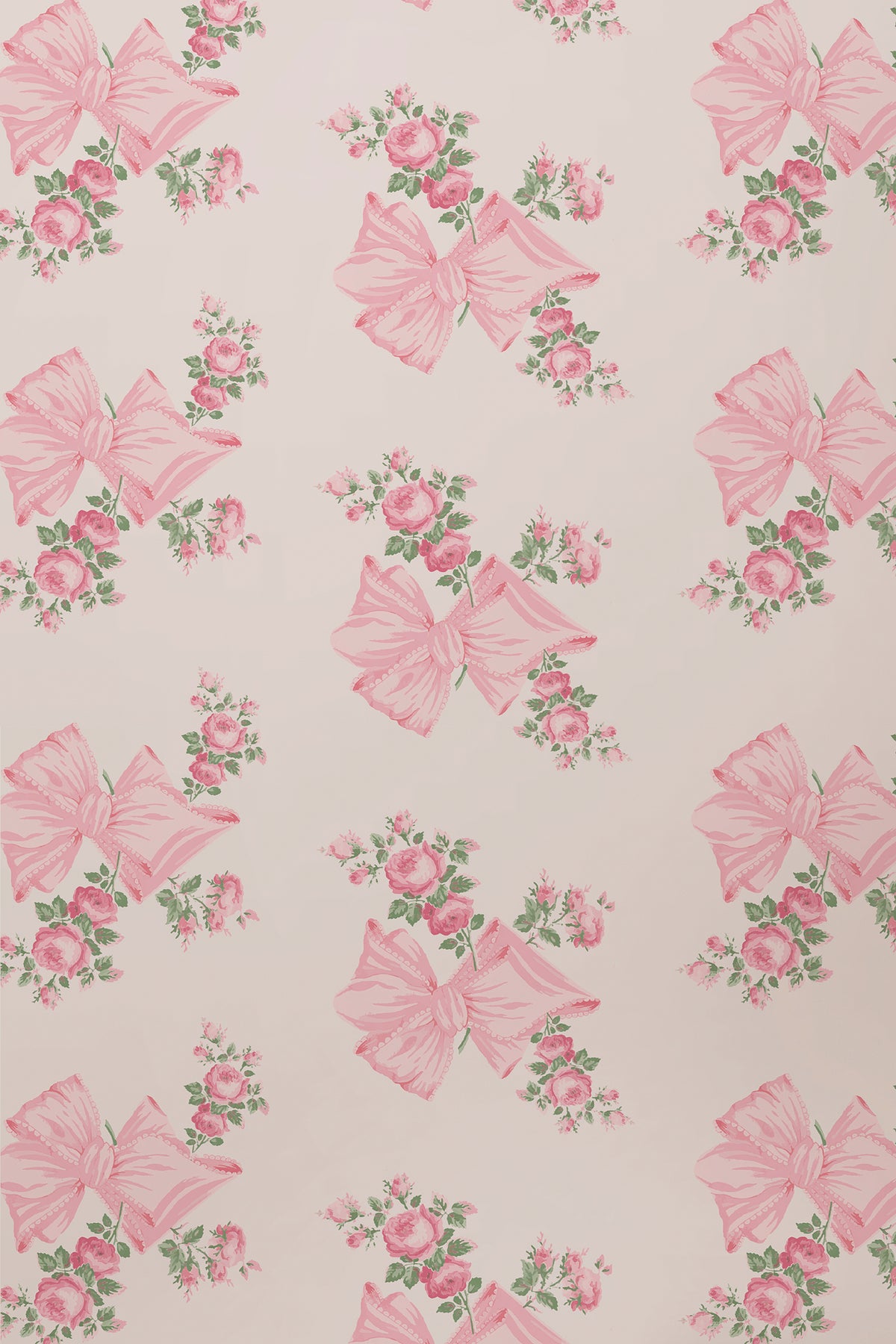 Pink and mint floral wallpaper pattern with roses and bow butterflies, all-over repeat