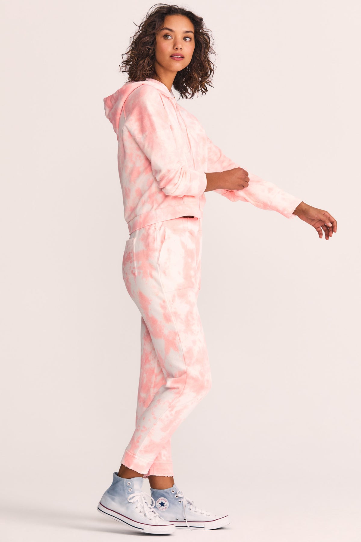 Blex jogger sweatpants, light pink tie-dye side view with elastic cuffs