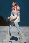 Color-block puffer jacket with faux-fur trimmed hood and cuffs, zip front, pockets.