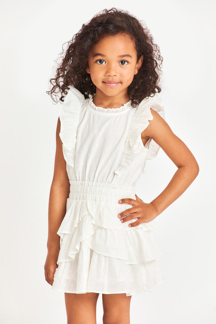 Girls white tiered ruffle dress with smocked waist and sleeveless design