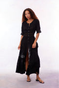 Black maxi dress with V-neck, button front, and semi-sheer lace-textured overlay
