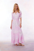 Light pink maxi dress with V-neck, button front, and textured embroidered look
