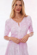 Peony pink maxi dress with lace-look trim, button front, and short sleeves