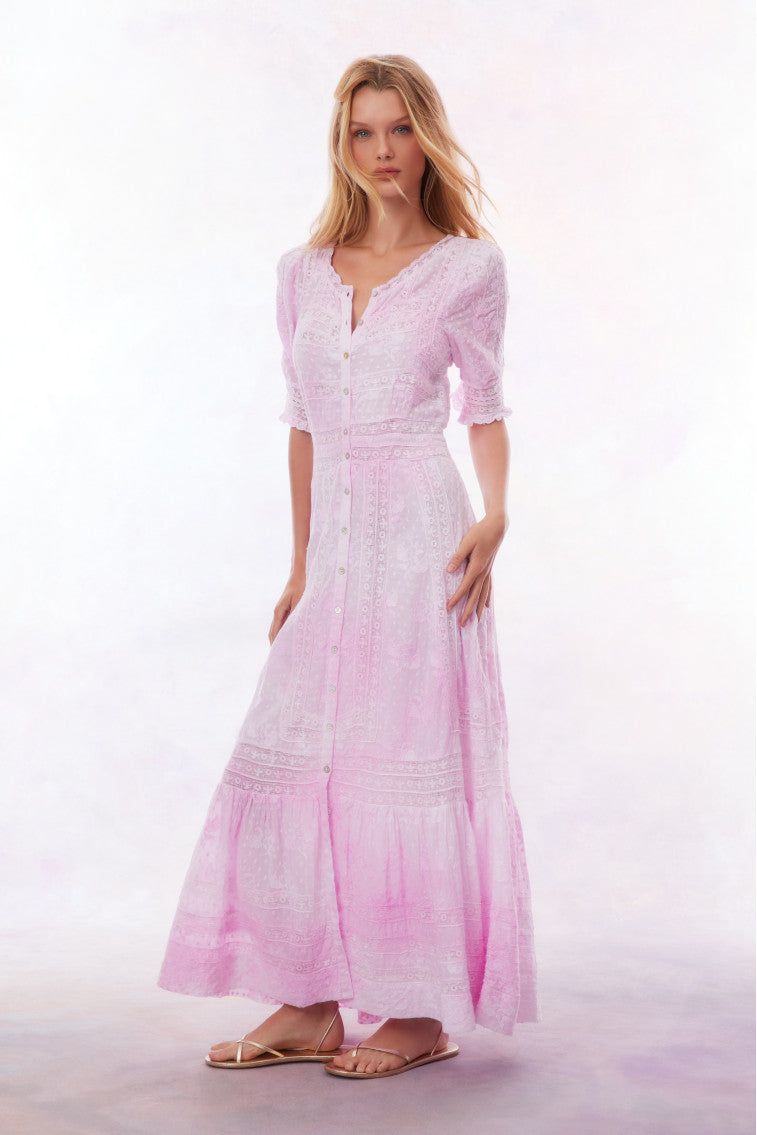 Peony pink V-neck maxi dress with button front and tiered skirt