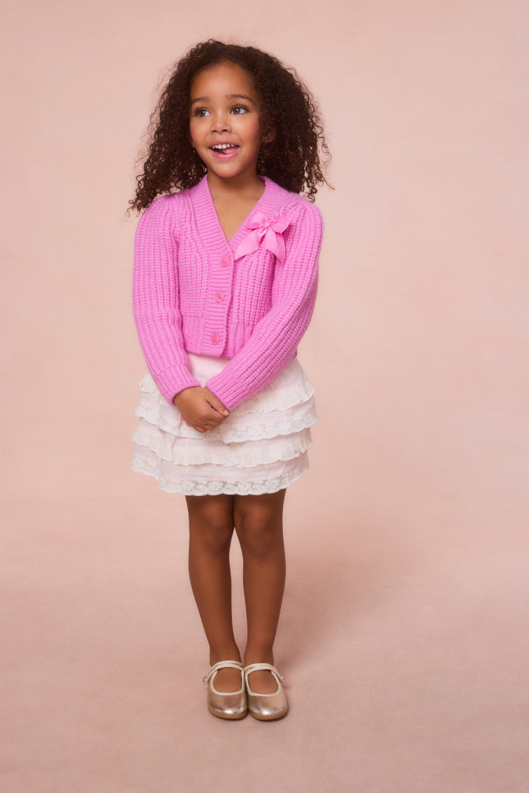 Girls pink alpaca bow button cardigan with ribbed knit cuffs and hem