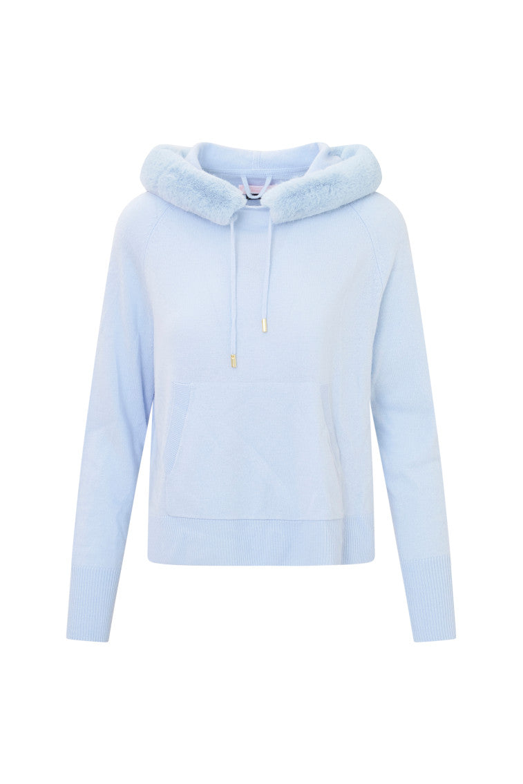 Light blue faux fur trim hoodie with drawstring hood