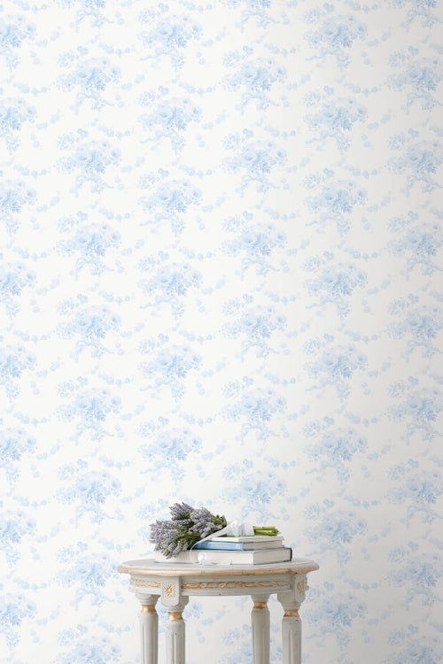 Light blue and white feathered pattern wallpaper with delicate scattered motif