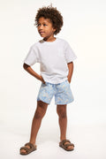 Light blue patterned boys swim shorts with elastic waist and drawstring.