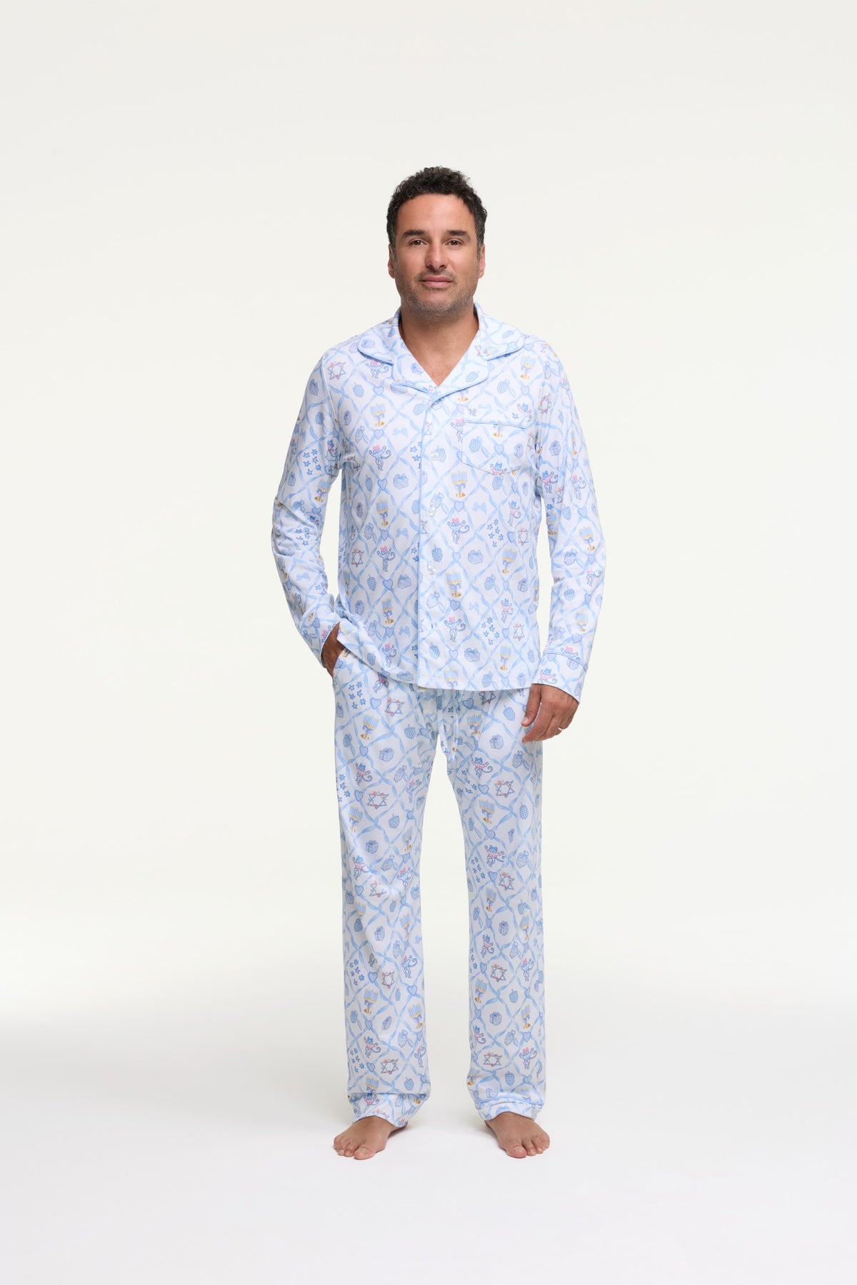 Men's blue patterned long-sleeve pajama set with button-front shirt and full-length pants