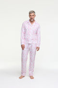 Men's pink printed long-sleeve polo pajama set with matching pants and cuffs