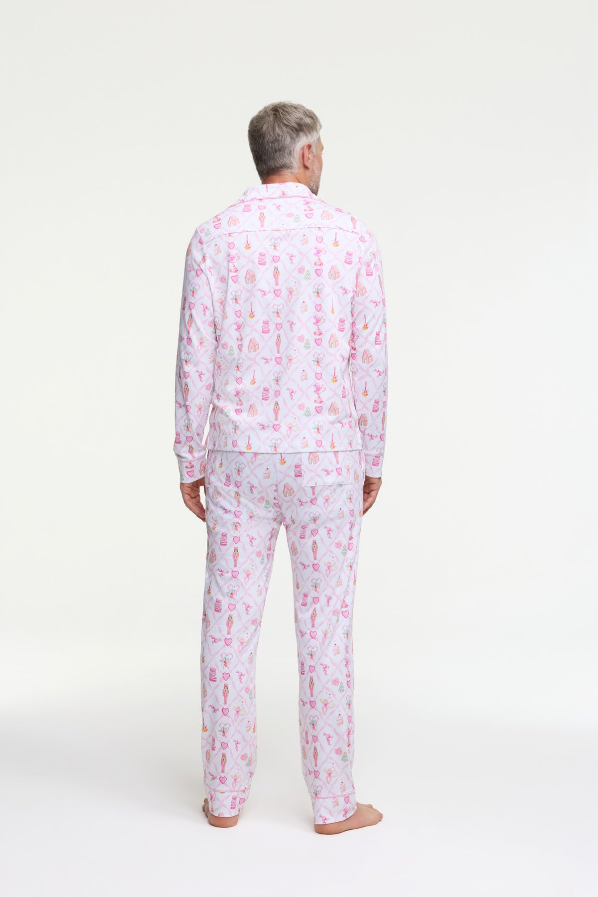 Men's pink printed long-sleeve polo pajama set, relaxed fit back view