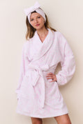 Light pink cotton bath robe with subtle bow print, tie belt and hood