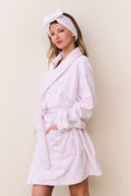 Light pink cotton bath robe with small bow print, tie belt and knotted hood