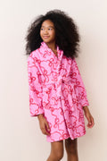 Kids hooded robe in pink with allover bow-like pattern and belt tie
