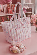 Blush heart-stripe bow tote bag, ruffled top and long handles