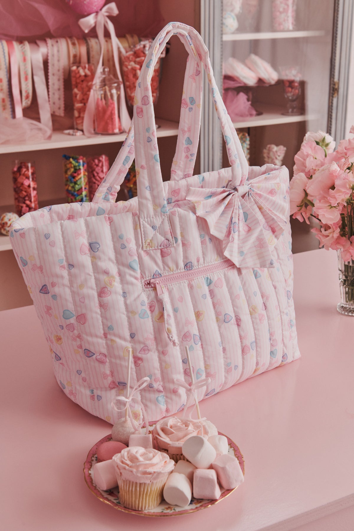 Blush heart-stripe bow tote bag, ruffled top and long handles