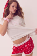 Red boxy shorts with lace-trim edge and elastic waistband