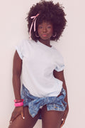 White cotton tee with minimal front graphic and crew neckline