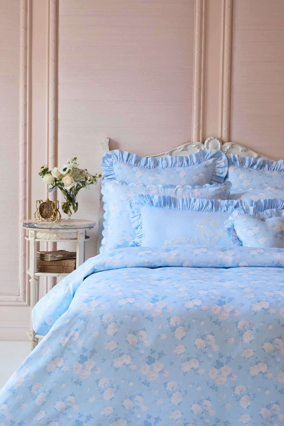 Blue floral euro sham set of 2 with scalloped ruffle trim