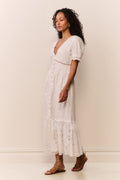 White eyelet midi dress with short puff sleeves and button-front, fitted waist