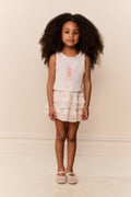Girls pink tiered ruffle skirt with bow print, flared twirl style