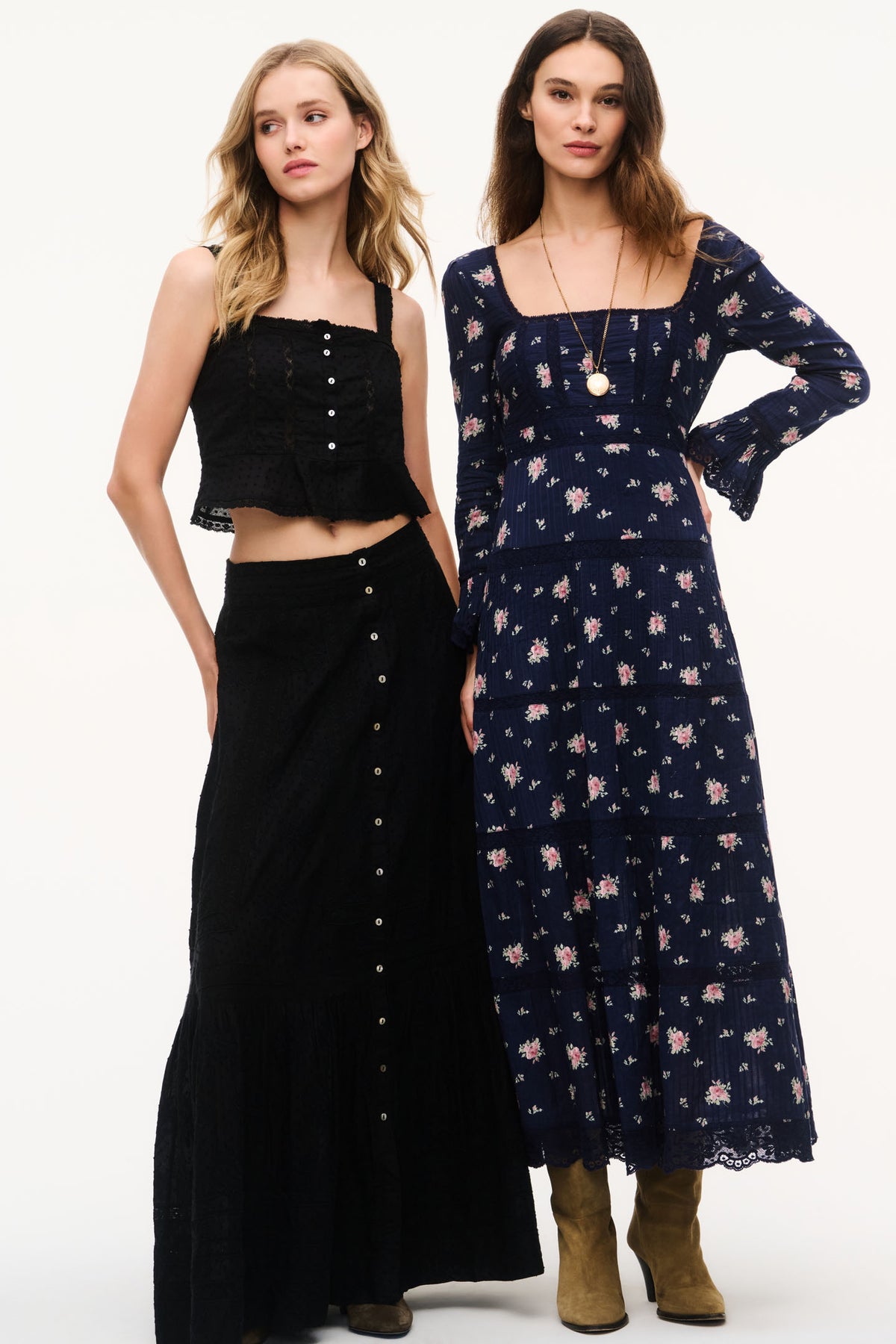 Black cotton maxi skirt with front buttons and tiered hem