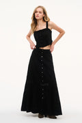 Black cotton maxi skirt with button placket and tiered skirt shape