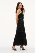 Black lace maxi dress with spaghetti straps and scalloped lace hem (side view)