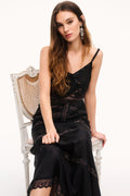 Black lace maxi dress with embroidered lace bodice and V-neck spaghetti straps