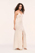White burnout velvet maxi dress with spaghetti straps and leg-slit hem
