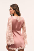 Antiqued blush satin mini dress with lace long sleeves and scalloped hem