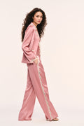 Women's crepe button-down top in flushed nude with lace-trim cuffs and side seam detailing