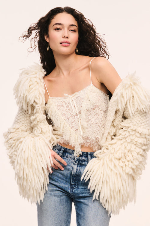 Auraveyn lace ruffle cami in off-white, spaghetti straps and lace bust panel