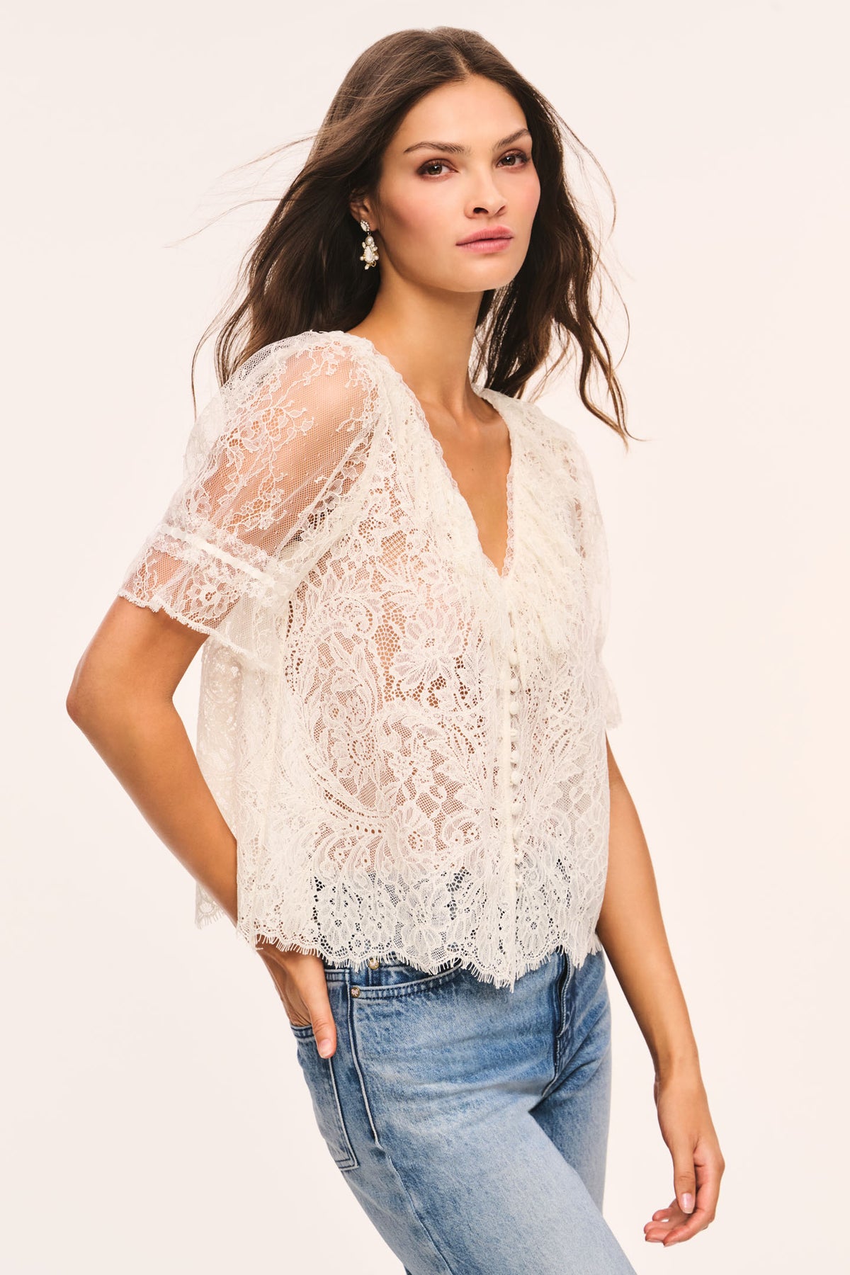 Alabaster sheer lace V-neck top with short sleeves and scalloped lace edges