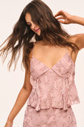 Pink snakeskin print camisole with V-neck, ruffled layers, thin spaghetti straps