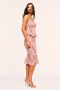 Pink snakeskin print midi skirt, fitted silhouette with ruffle-trim hem