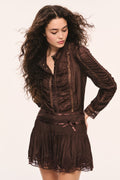 Dark brown silk lace blouse with ruffled placket and long sleeves