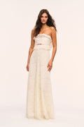 Alabaster strapless lace maxi dress with textured lace overlay and fitted bodice