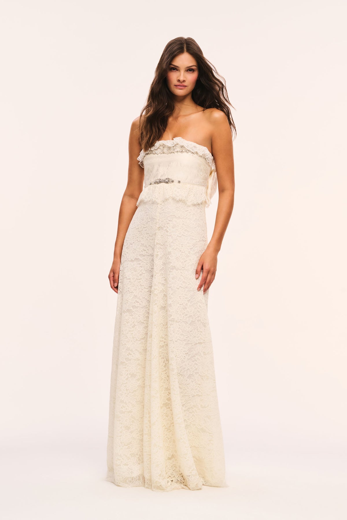 Alabaster strapless lace maxi dress with textured lace overlay and fitted bodice