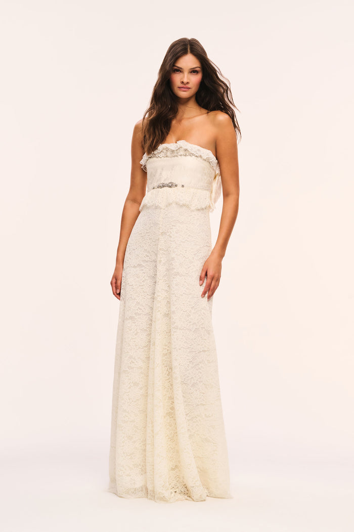 Alabaster strapless lace maxi dress with textured lace overlay and fitted bodice