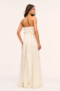 Alabaster lace strapless maxi dress with gathered waist, back view