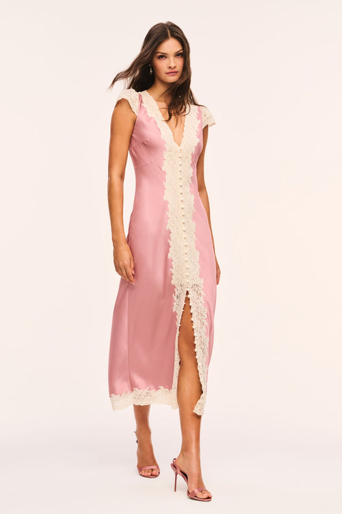 Pink satin midi dress with cream lace V-neck, cap sleeves, and front slit
