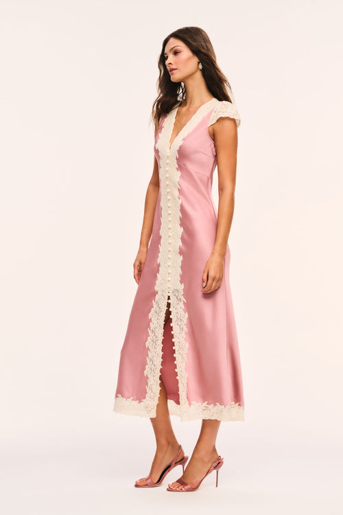 Rose satin midi dress with cream lace V-neck, cap sleeves, and side slit